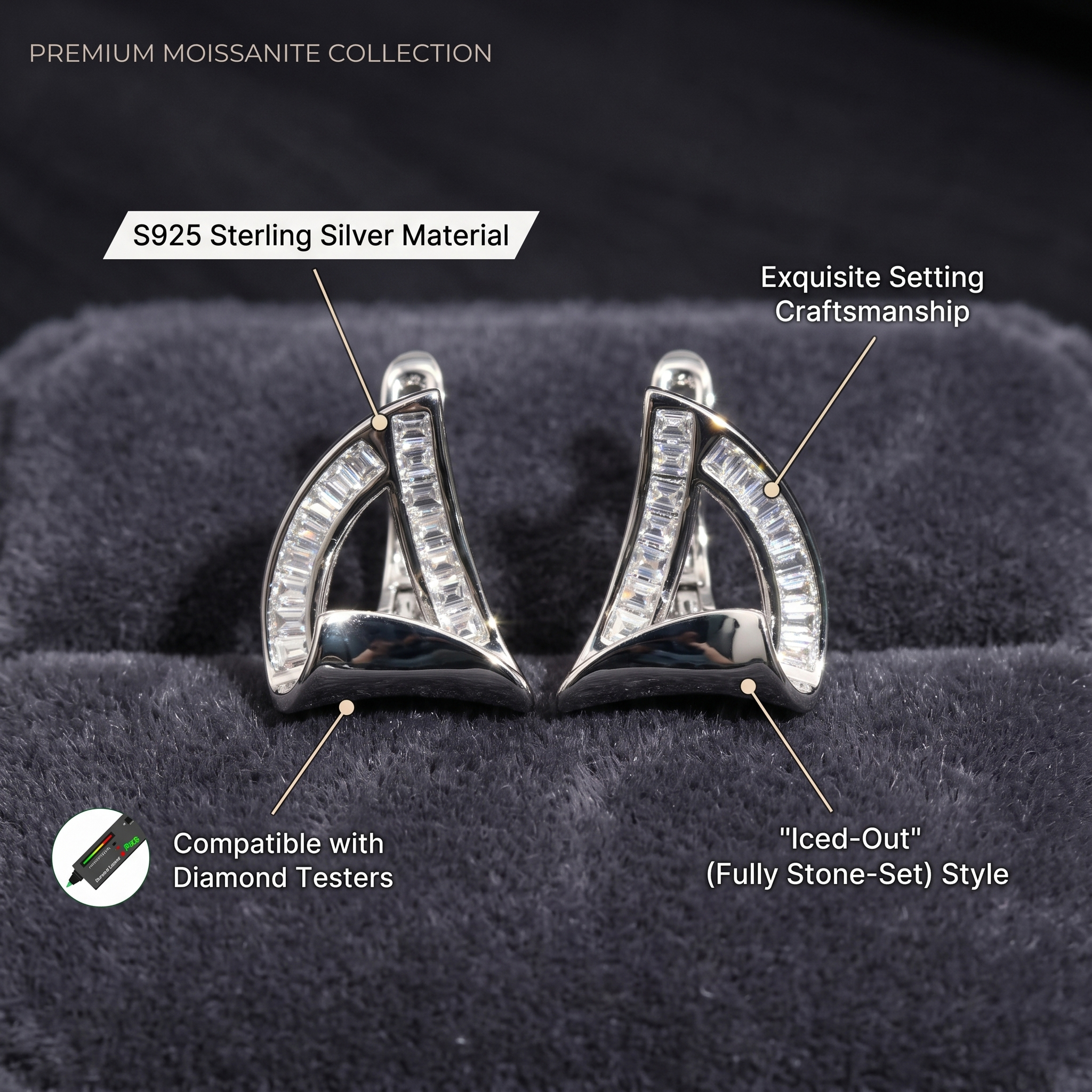 Detailed inspection of the exquisite iced-out stone-set style, illustrating the precision craftsmanship required to secure the baguette moissanite in S925 silver.