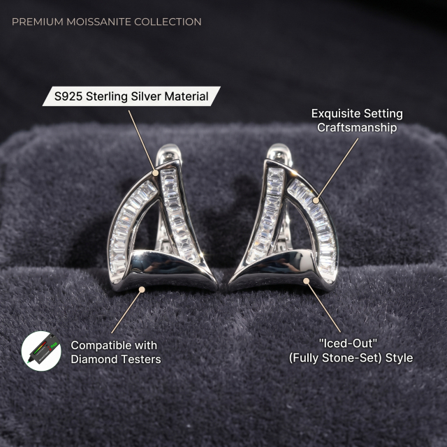 Detailed inspection of the exquisite iced-out stone-set style, illustrating the precision craftsmanship required to secure the baguette moissanite in S925 silver.