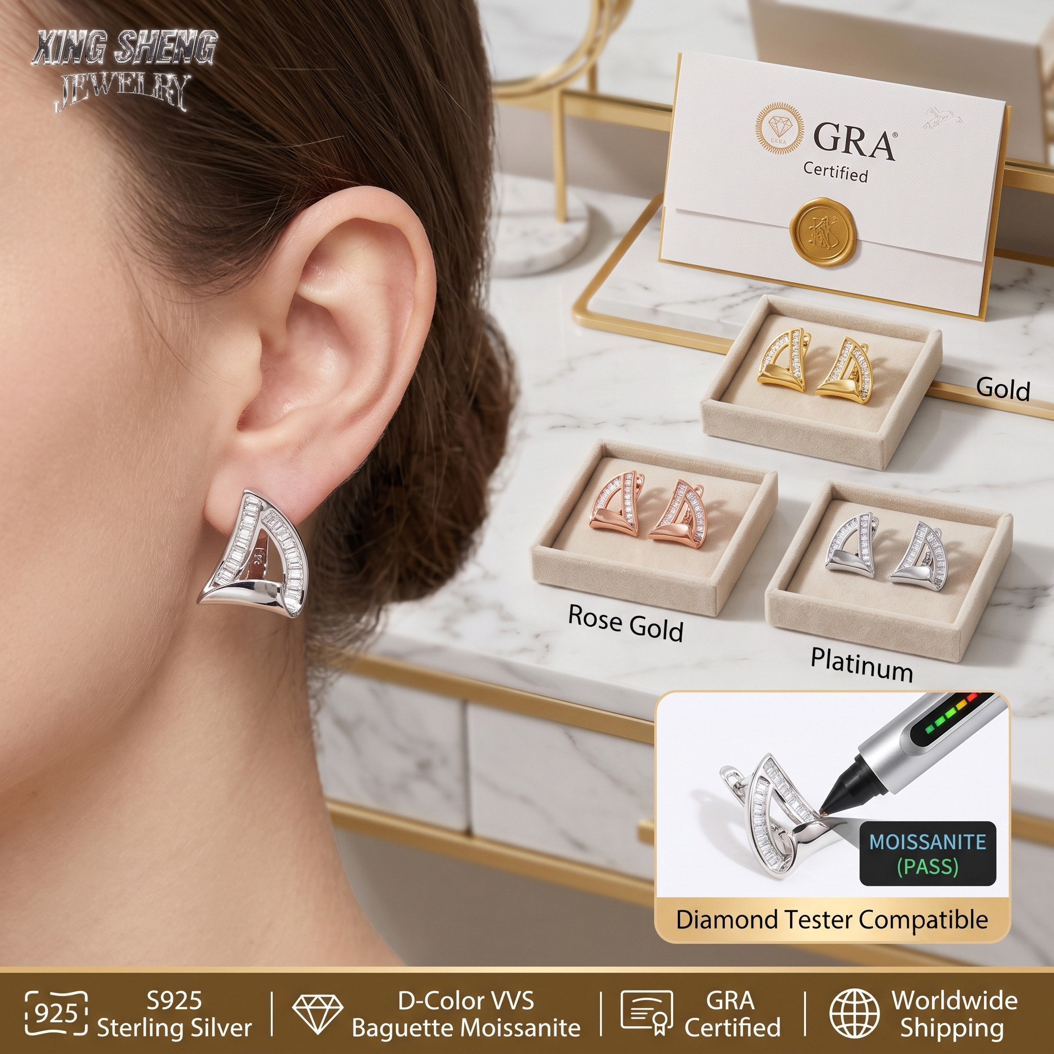 Luxury presentation boxes featuring Gold, Rose Gold, and Platinum moissanite earrings alongside an official GRA certification card and a diamond tester pen.