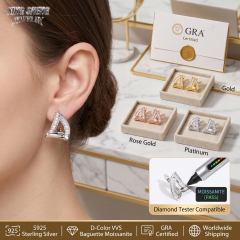 Luxury presentation boxes featuring Gold, Rose Gold, and Platinum moissanite earrings alongside an official GRA certification card and a diamond tester pen.