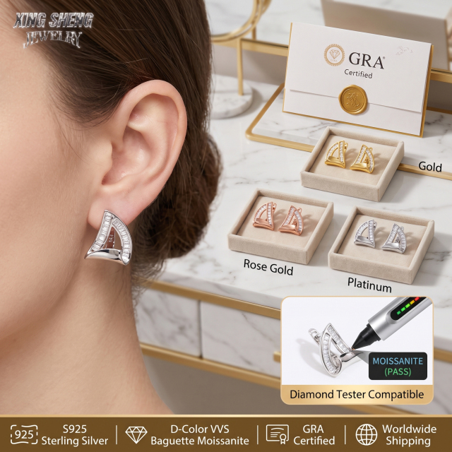 Luxury presentation boxes featuring Gold, Rose Gold, and Platinum moissanite earrings alongside an official GRA certification card and a diamond tester pen.
