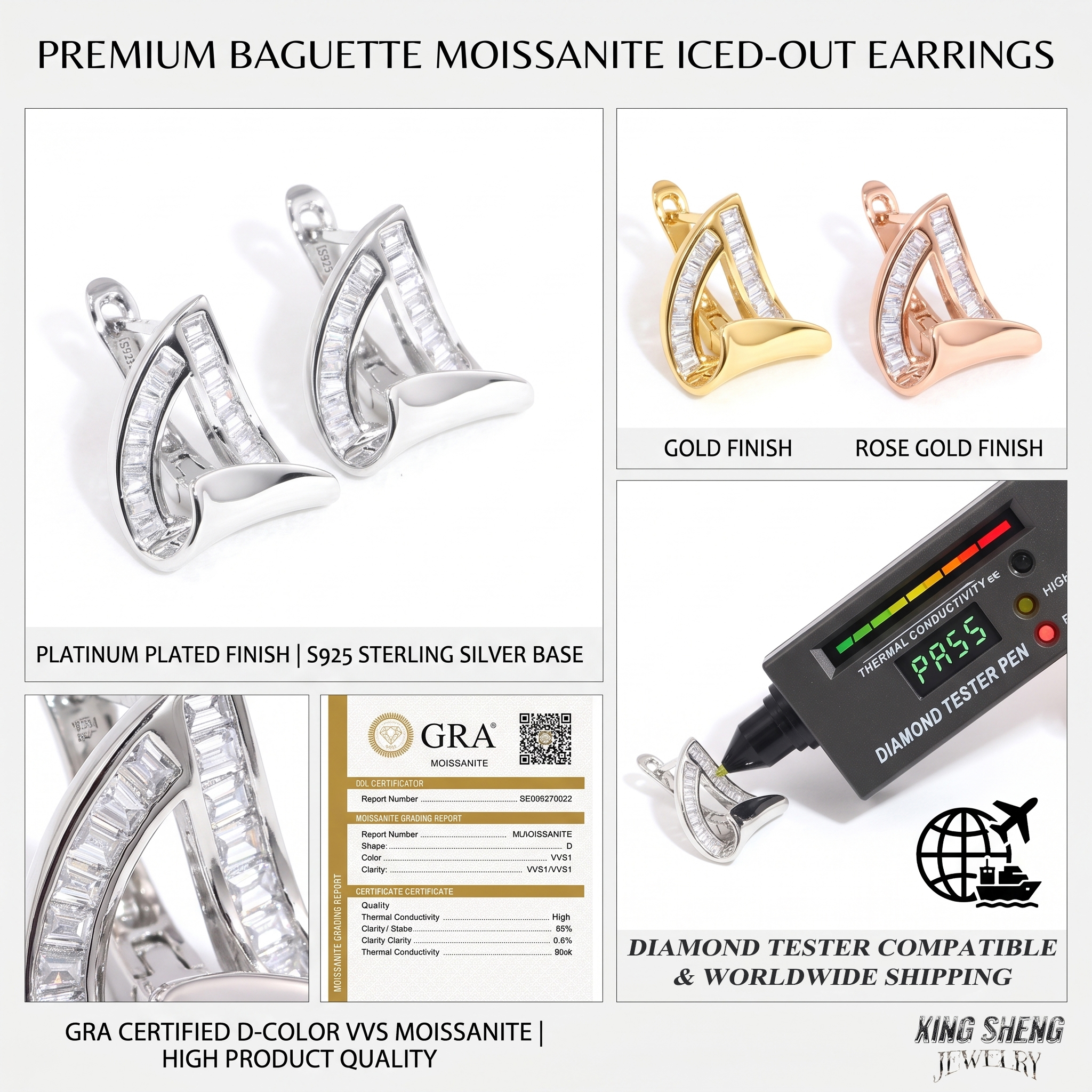 A comprehensive multi-angle collage of the high product quality moissanite earrings, showing the gold and rose gold finishes alongside thermal conductivity test results.