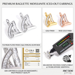 A comprehensive multi-angle collage of the high product quality moissanite earrings, showing the gold and rose gold finishes alongside thermal conductivity test results.