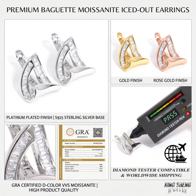 A comprehensive multi-angle collage of the high product quality moissanite earrings, showing the gold and rose gold finishes alongside thermal conductivity test results.