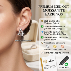 Side profile of a model wearing the platinum-plated finish of the iced-out moissanite earrings, highlighting the main row and fully paved side stones.