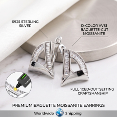 Close-up of premium baguette-cut moissanite earrings highlighting the S925 sterling silver base, D-color VVS1 stones, and full iced-out setting craftsmanship.