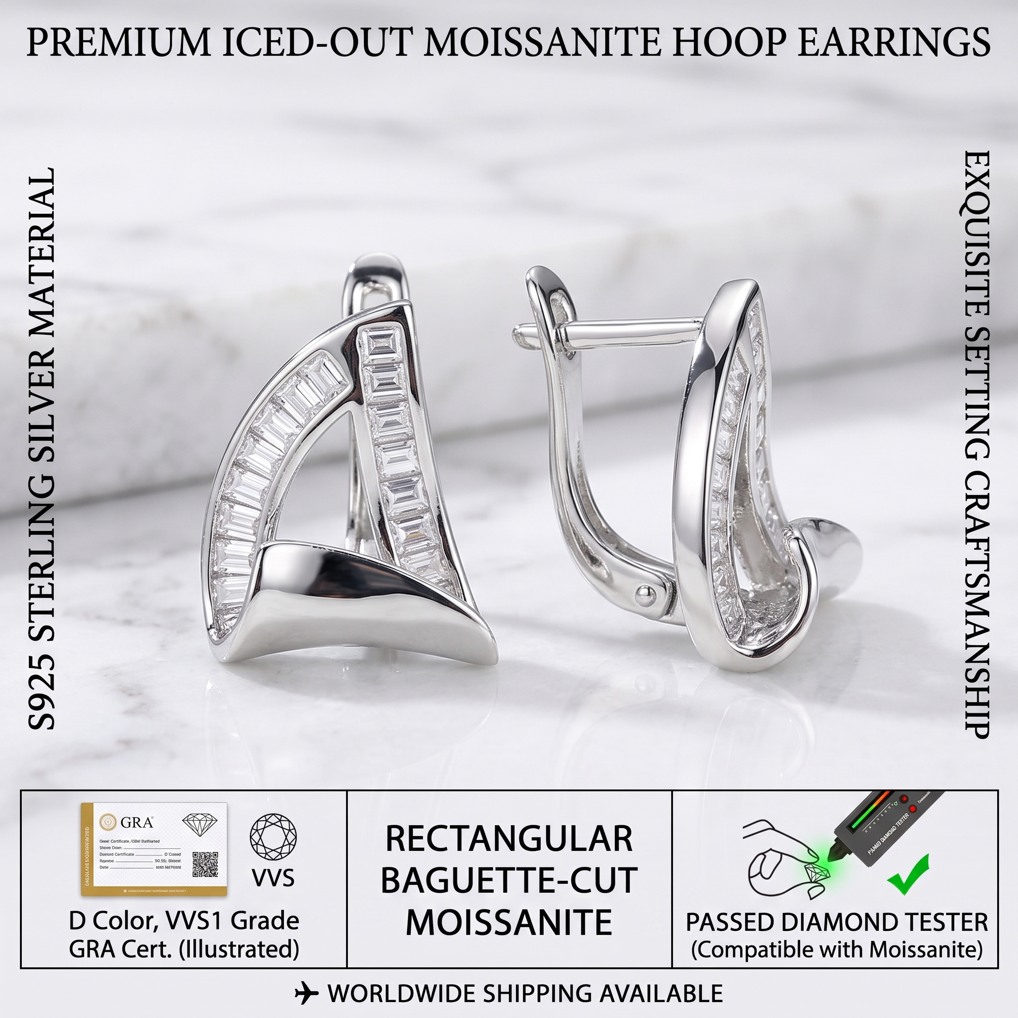 Detailed view of the secure huggie hoop clasp mechanism on the S925 sterling silver earrings, featuring rectangular baguette-cut moissanite stones.