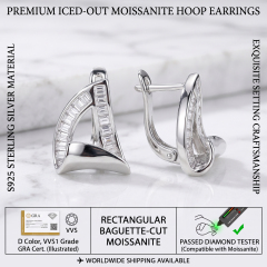 Detailed view of the secure huggie hoop clasp mechanism on the S925 sterling silver earrings, featuring rectangular baguette-cut moissanite stones.