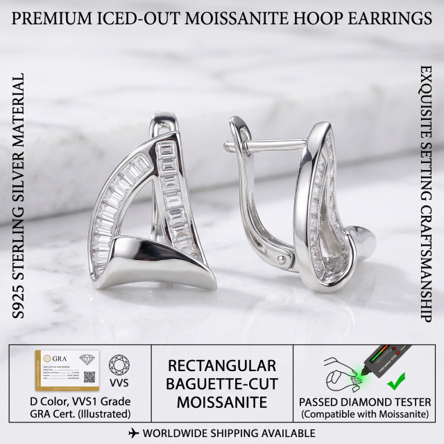 Detailed view of the secure huggie hoop clasp mechanism on the S925 sterling silver earrings, featuring rectangular baguette-cut moissanite stones.