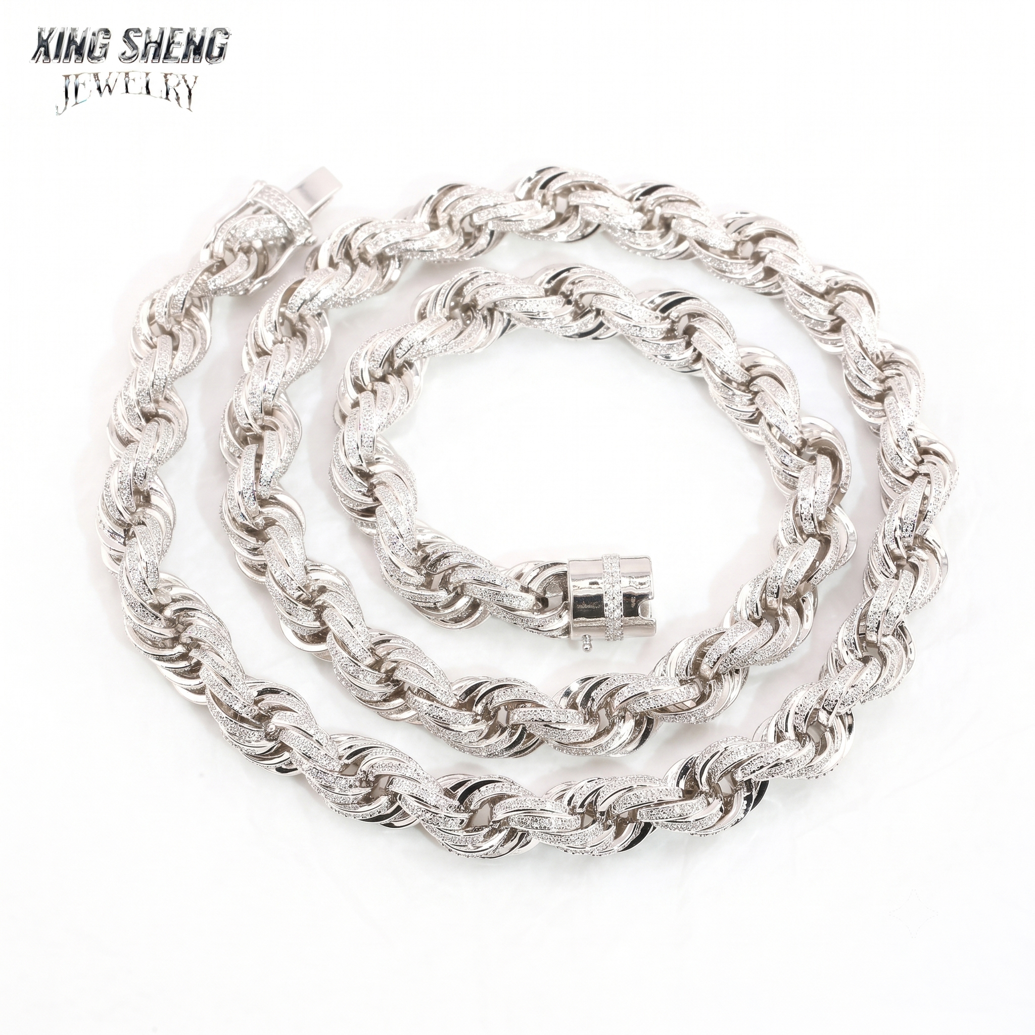 Front overhead view of a 10mm iced out moissanite rope chain crafted in S925 sterling silver, displaying D color VVS clarity stones.