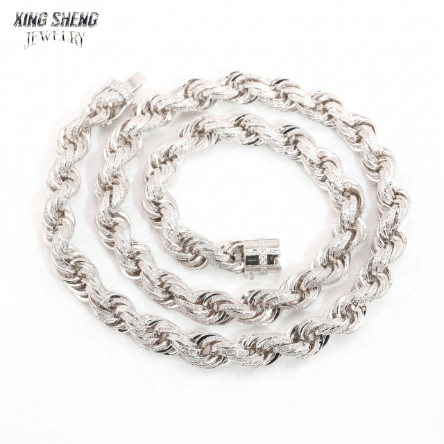 Front overhead view of a 10mm iced out moissanite rope chain crafted in S925 sterling silver, displaying D color VVS clarity stones.