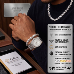 Male model wearing a substantial 20-inch 10mm moissanite rope chain layered over a dark tailored shirt, highlighting the GRA certified specs.