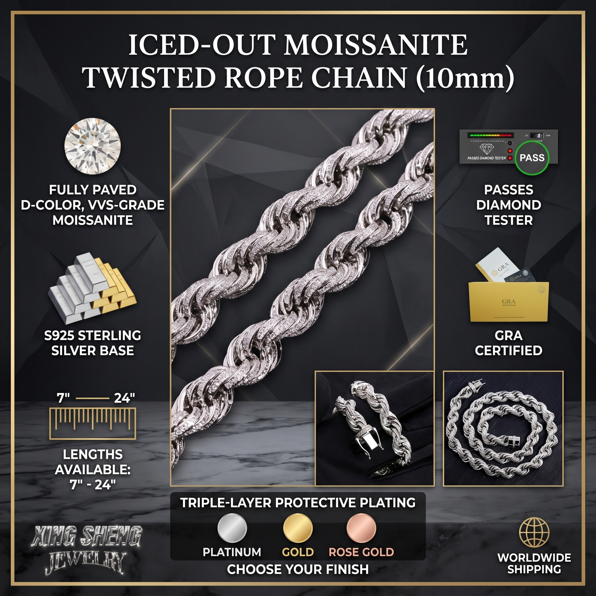 Graphic demonstrating the S925 silver moissanite rope chain successfully passing a thermal diamond tester with GRA certification displayed.