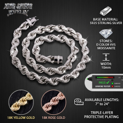 Detailed specification graphic showcasing the moissanite rope chain in 18K yellow gold and rose gold finishes, spanning lengths from 7 to 24 inches.