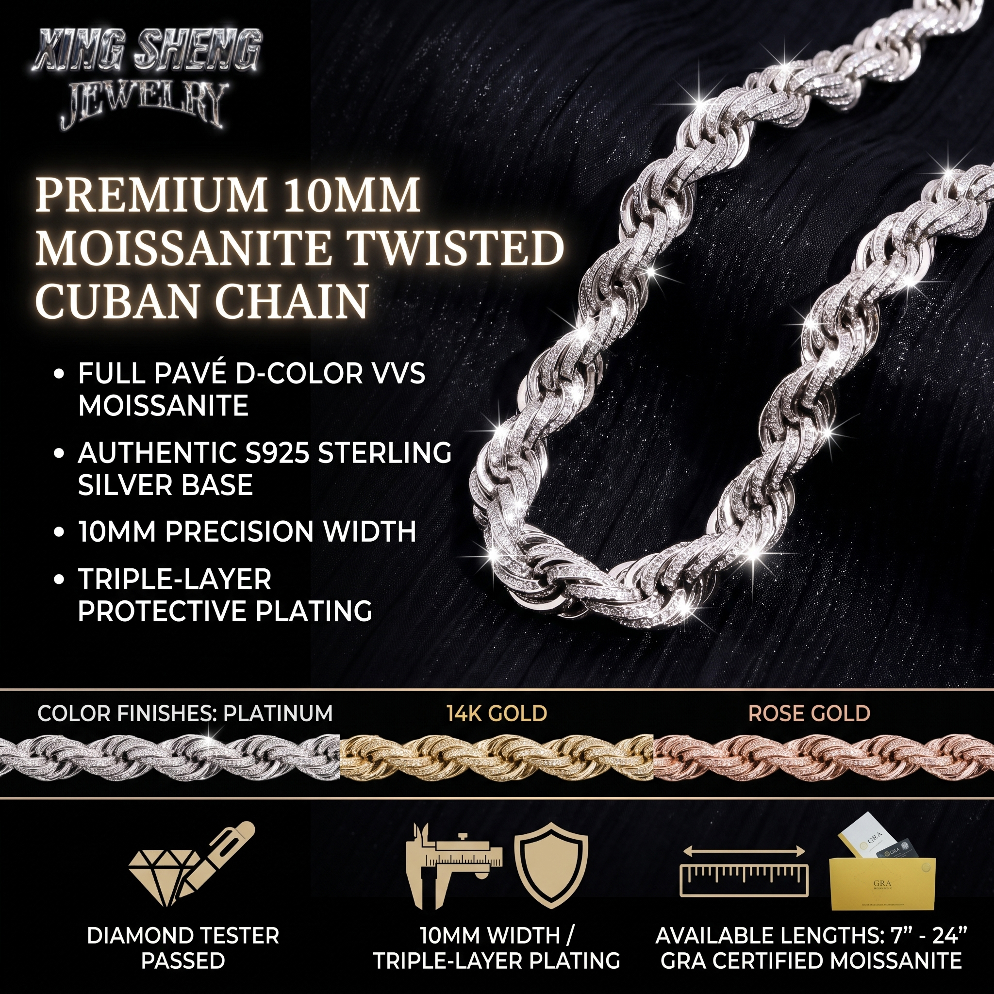 Detailed structural view of the highly secure, diamond-set box clasp on the 10mm moissanite luxury chain with triple-layer plating options.