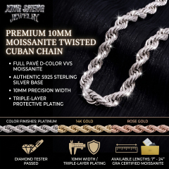 Detailed structural view of the highly secure, diamond-set box clasp on the 10mm moissanite luxury chain with triple-layer plating options.