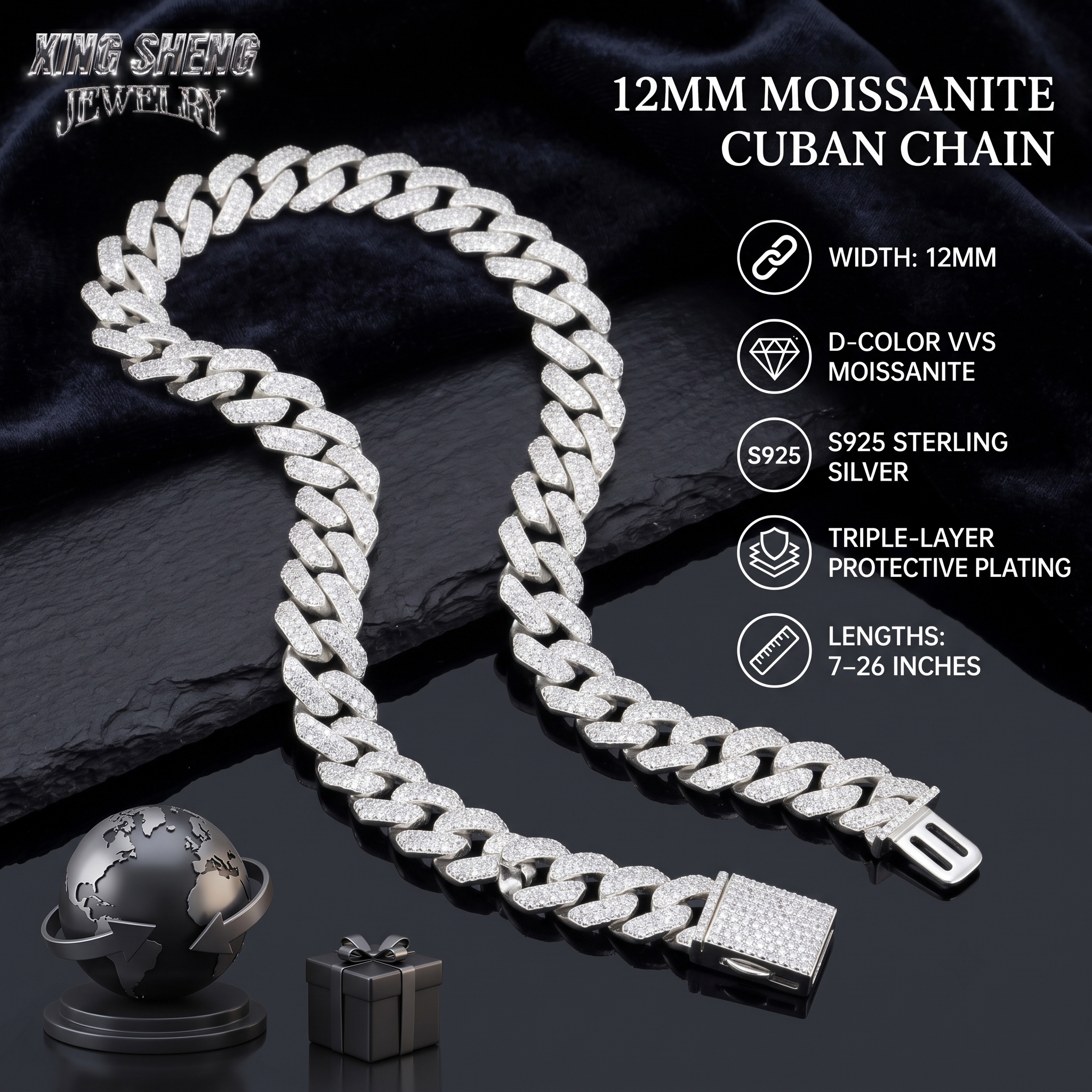 Premium packaging and fast international delivery options for the 12mm Moissanite Cuban chain.