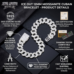 Close-up of the 12mm full-diamond pave setting featuring GRA certified D-color VVS1 Moissanite stones.