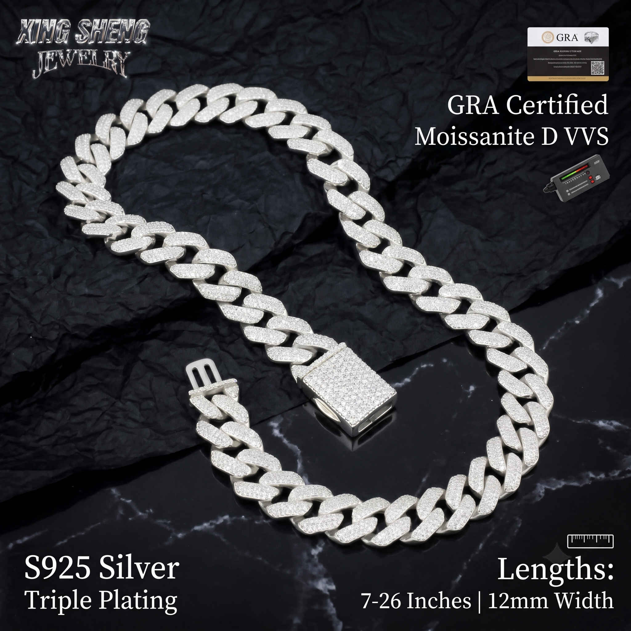 S925 sterling silver Moissanite Cuban link chain displayed on black velvet, available in 7 to 26 inches.