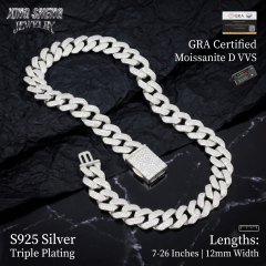 S925 sterling silver Moissanite Cuban link chain displayed on black velvet, available in 7 to 26 inches.