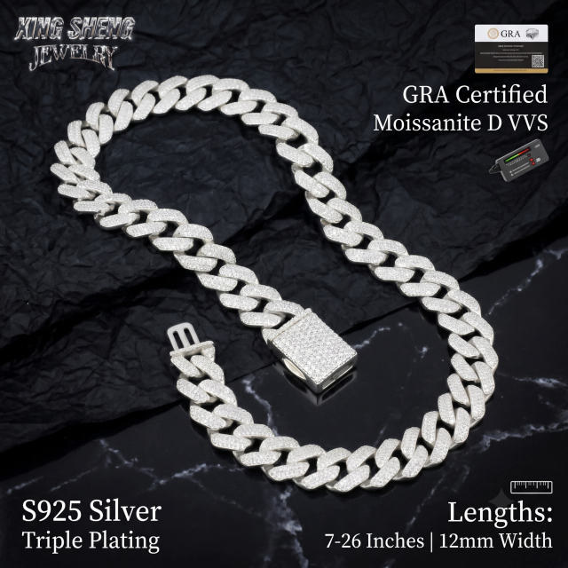 S925 sterling silver Moissanite Cuban link chain displayed on black velvet, available in 7 to 26 inches.