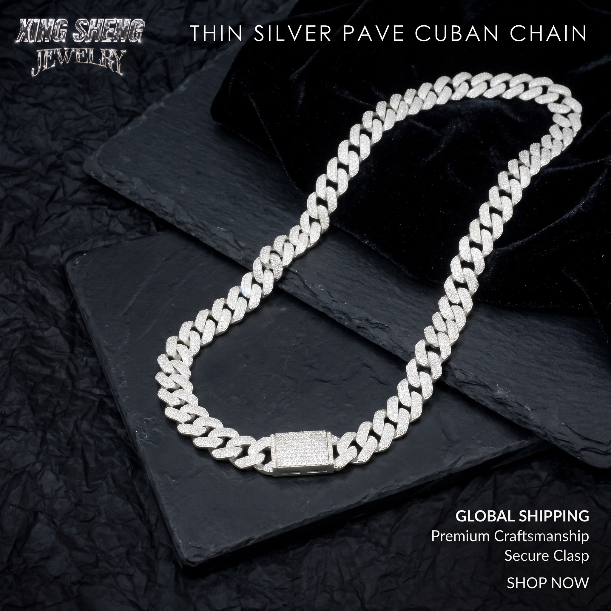 Display of the secure heavy-duty fold-over box clasp on the thin silver pave Moissanite Cuban chain.