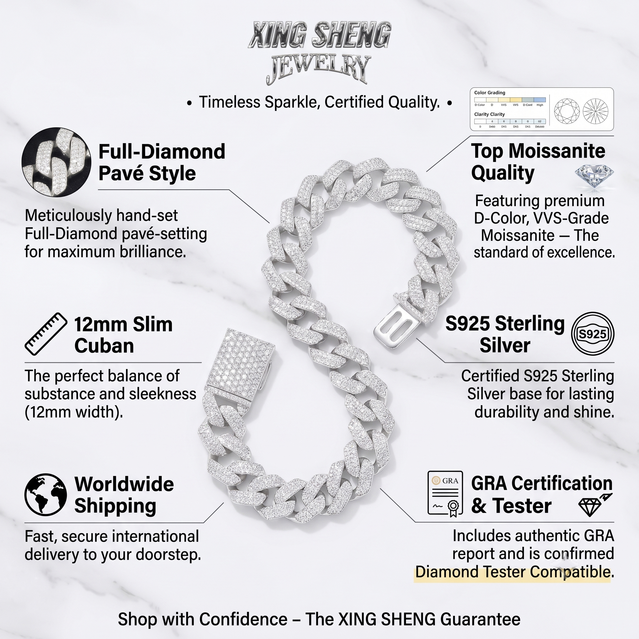 The XING SHENG guarantee highlighting the timeless sparkle of the meticulously hand-set 12mm slim Cuban chain.