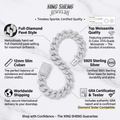 The XING SHENG guarantee highlighting the timeless sparkle of the meticulously hand-set 12mm slim Cuban chain.