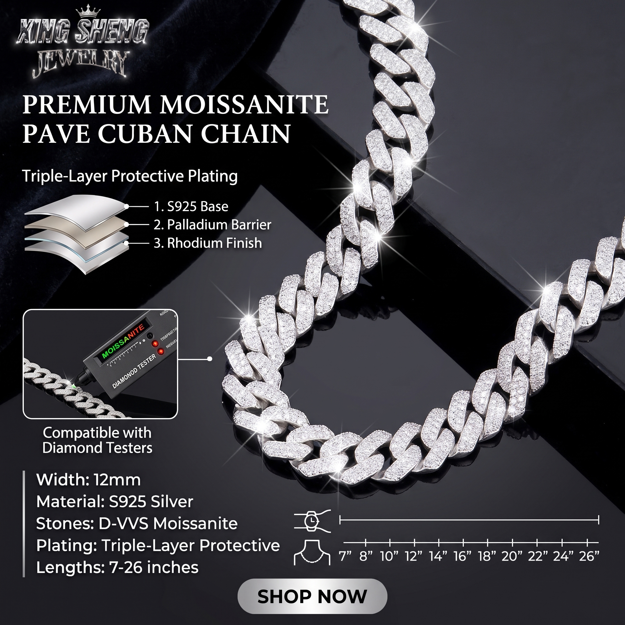 Detailed diagram showing the S925 base, palladium barrier, and rhodium finish of the premium Moissanite chain.
