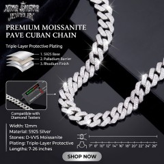 Detailed diagram showing the S925 base, palladium barrier, and rhodium finish of the premium Moissanite chain.