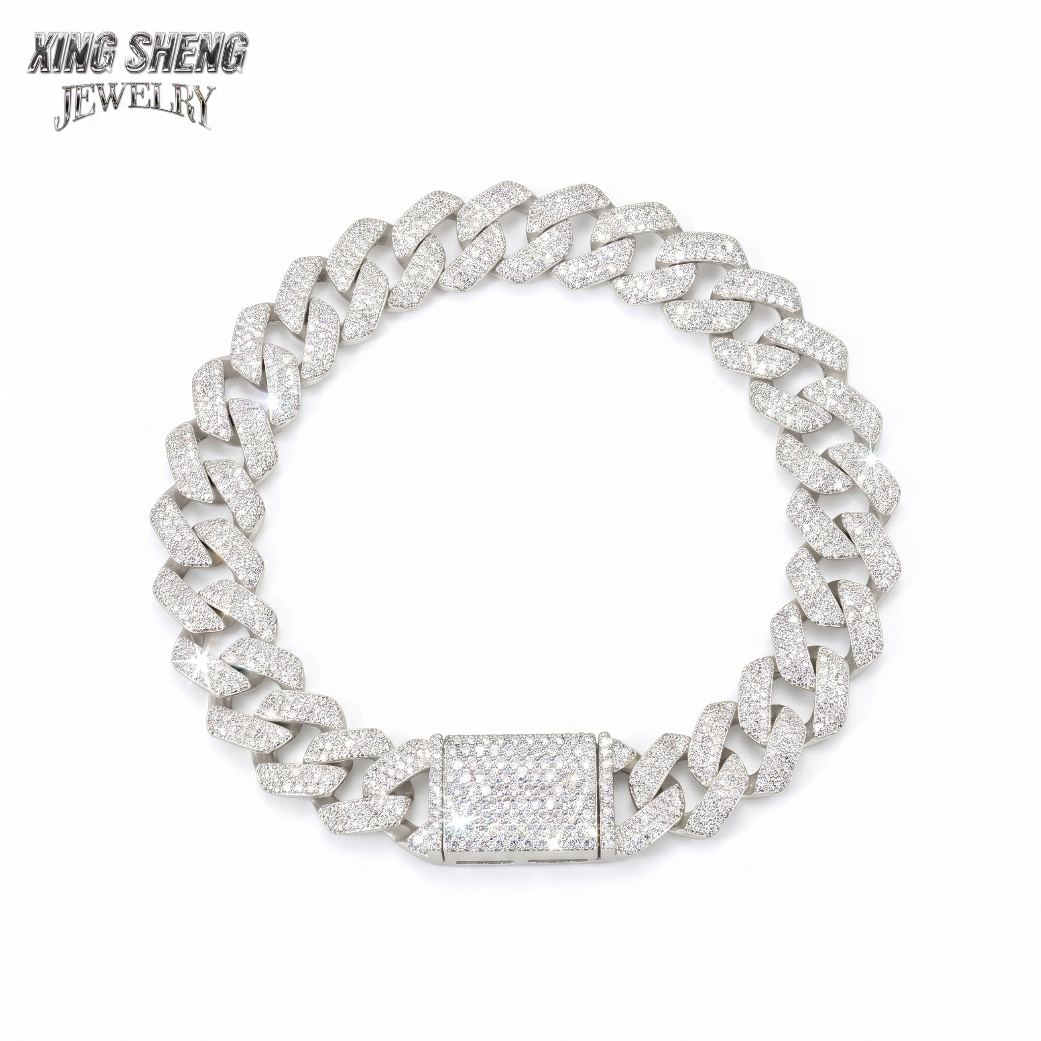 Front view of the thin 12mm Moissanite Cuban link chain crafted in S925 silver by Xing Sheng Jewelry.