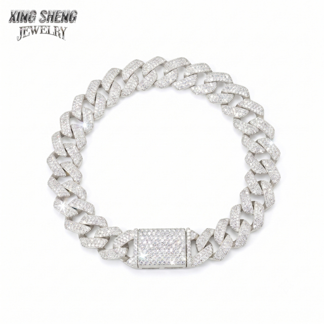 Front view of the thin 12mm Moissanite Cuban link chain crafted in S925 silver by Xing Sheng Jewelry.