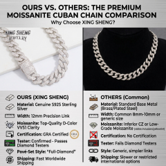 Comparison chart showing XING SHENG's superior S925 silver and GRA certified Moissanite versus common brass chains.