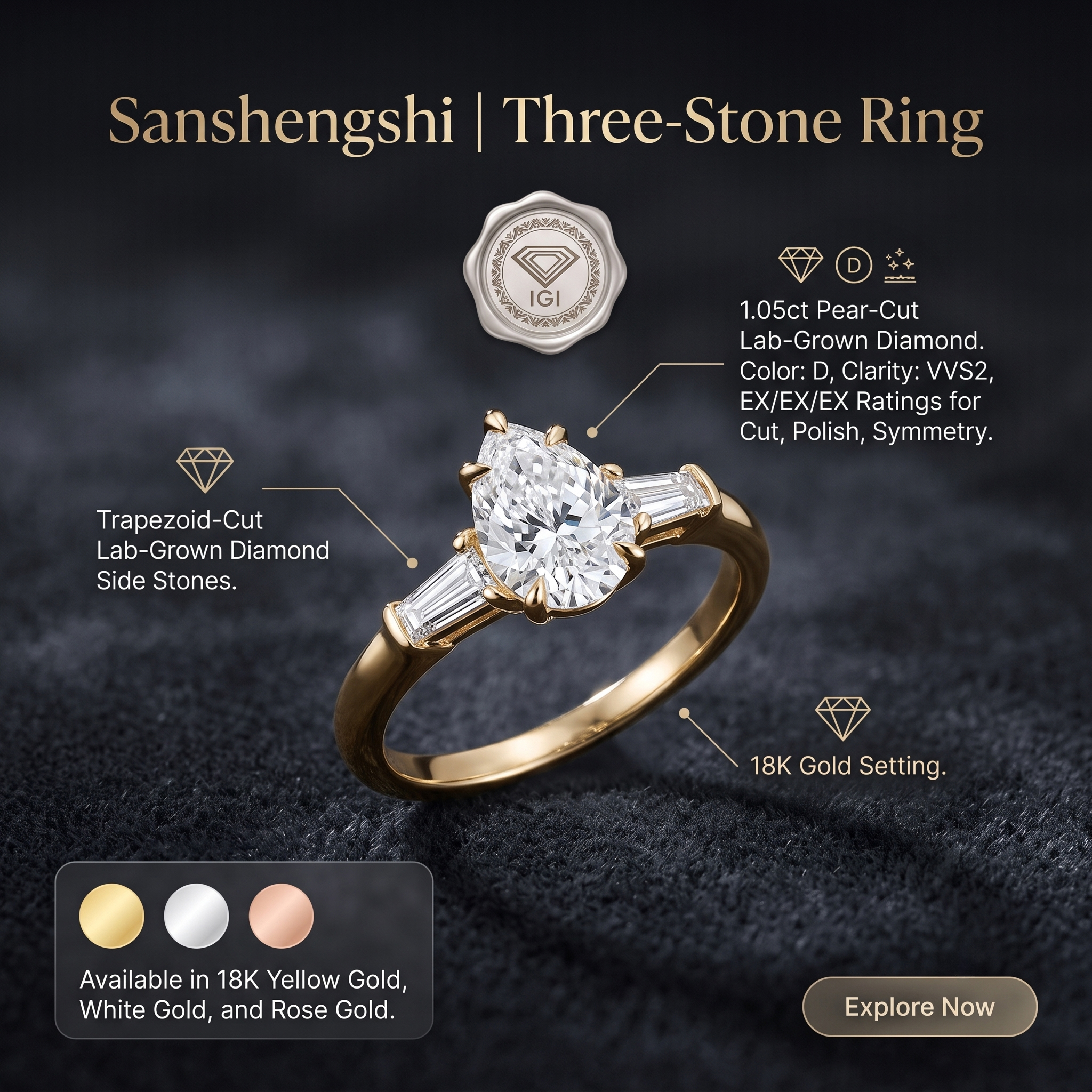 The 18K gold trilogy ring available in yellow, white, and rose gold, featuring a 1.05ct D VVS2 pear lab-grown diamond and trapezoid side stones.