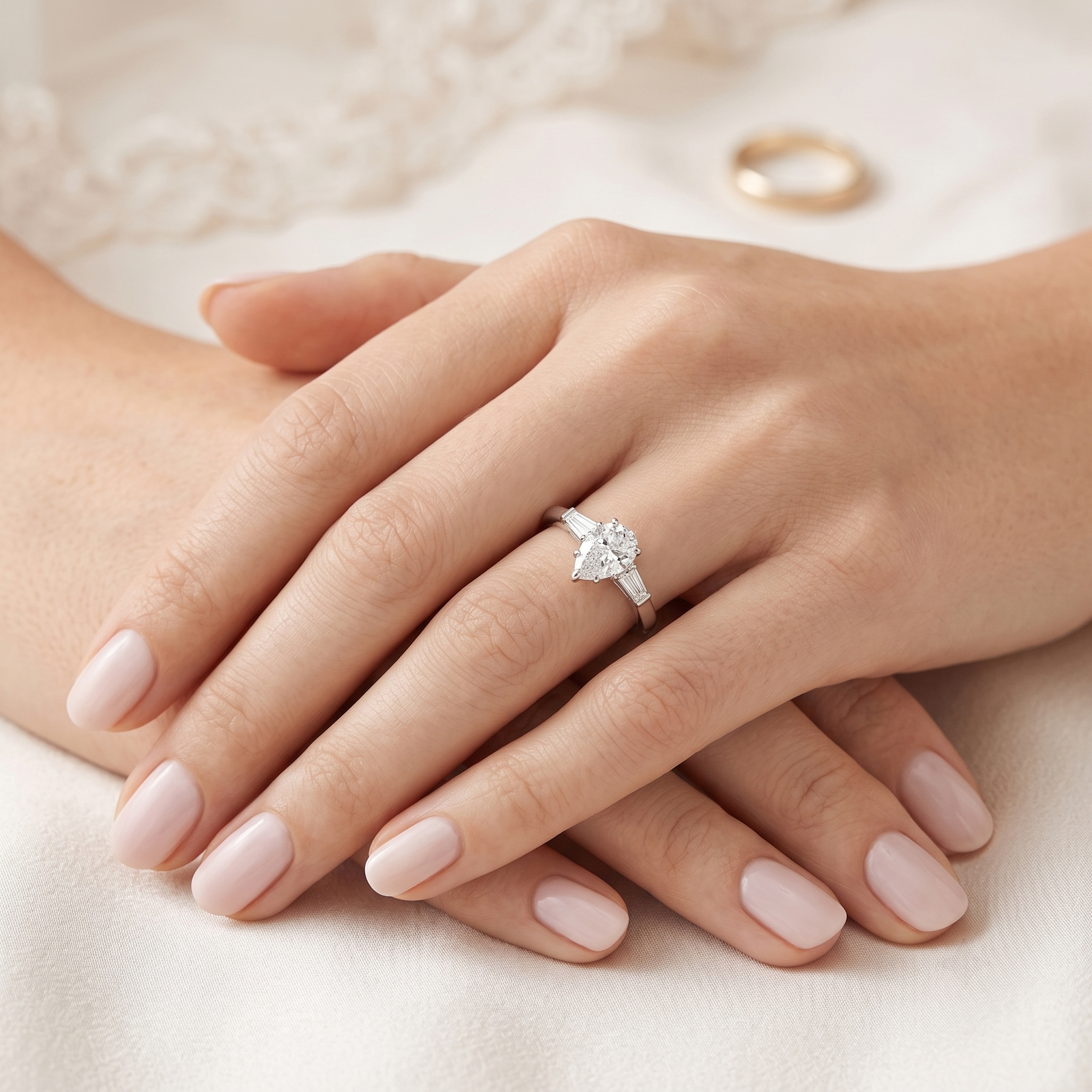 A woman's hands resting on white fabric, wearing a brilliant 18K white gold engagement ring with a teardrop lab-grown diamond.