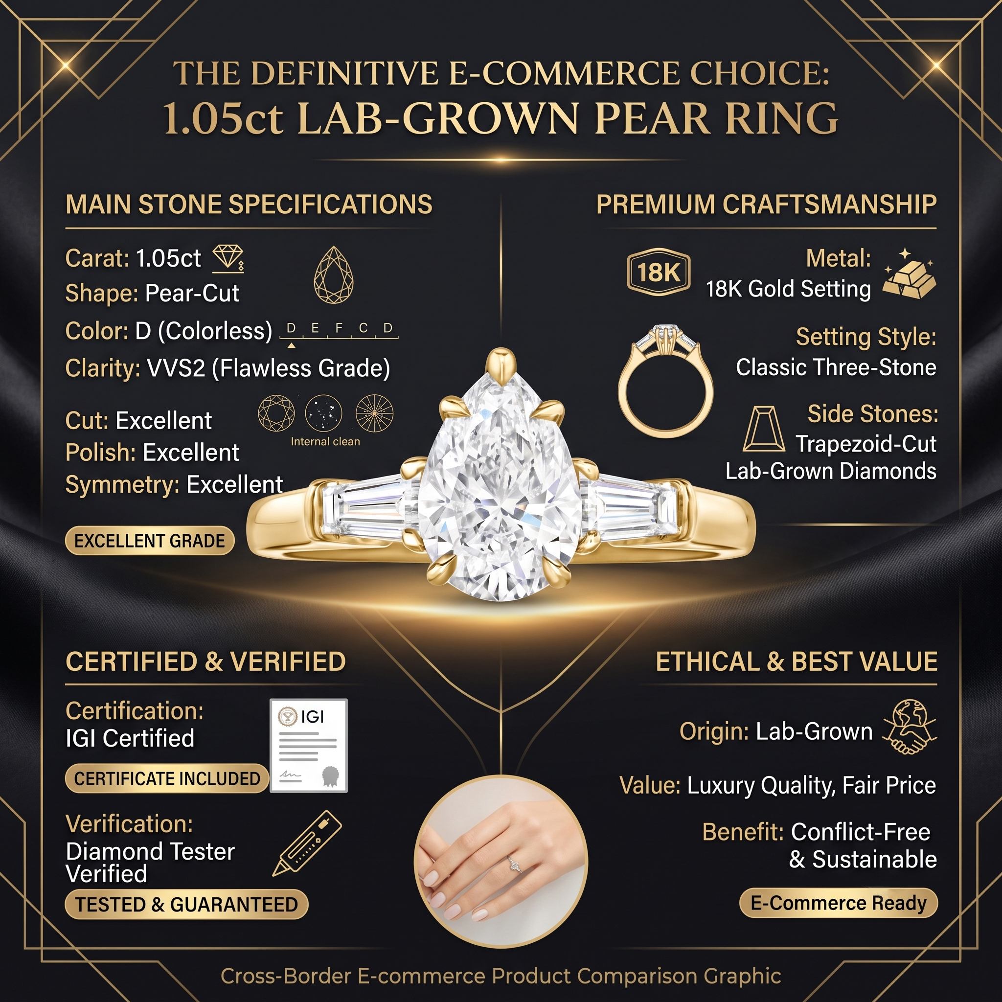 E-commerce details for a 1.05ct lab-grown pear ring emphasizing premium craftsmanship, ethical sourcing, and conflict-free sustainability.