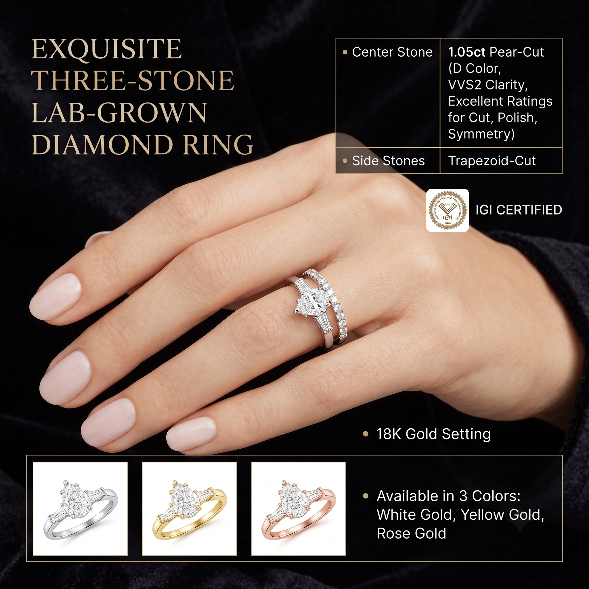 A woman wearing an IGI-certified lab-grown diamond engagement ring and matching bridal band, available in white, yellow, and rose gold.
