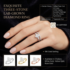 A woman wearing an IGI-certified lab-grown diamond engagement ring and matching bridal band, available in white, yellow, and rose gold.