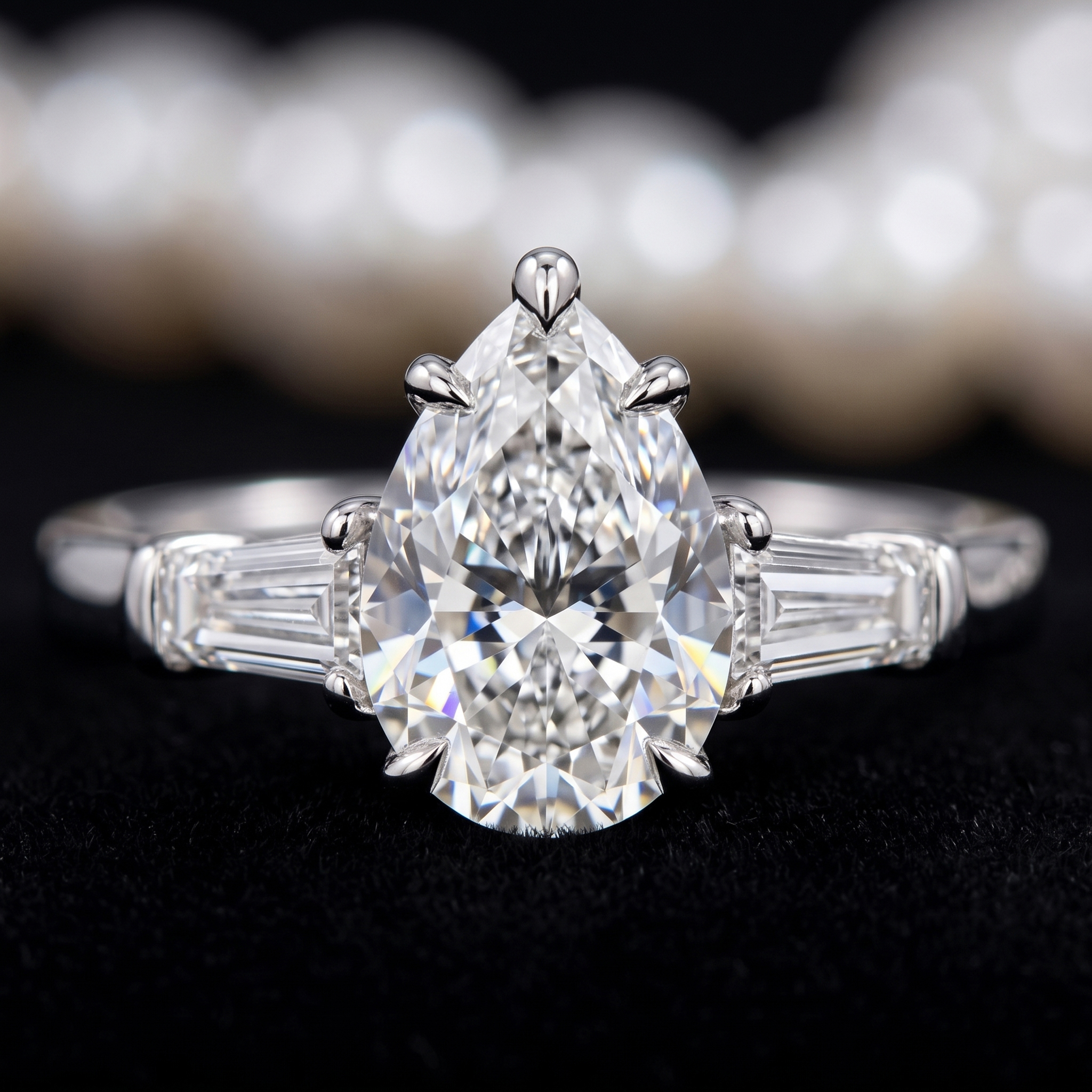 Extreme macro photography revealing the excellent cut, polish, and symmetry of a D-color pear-cut lab-created diamond center stone.