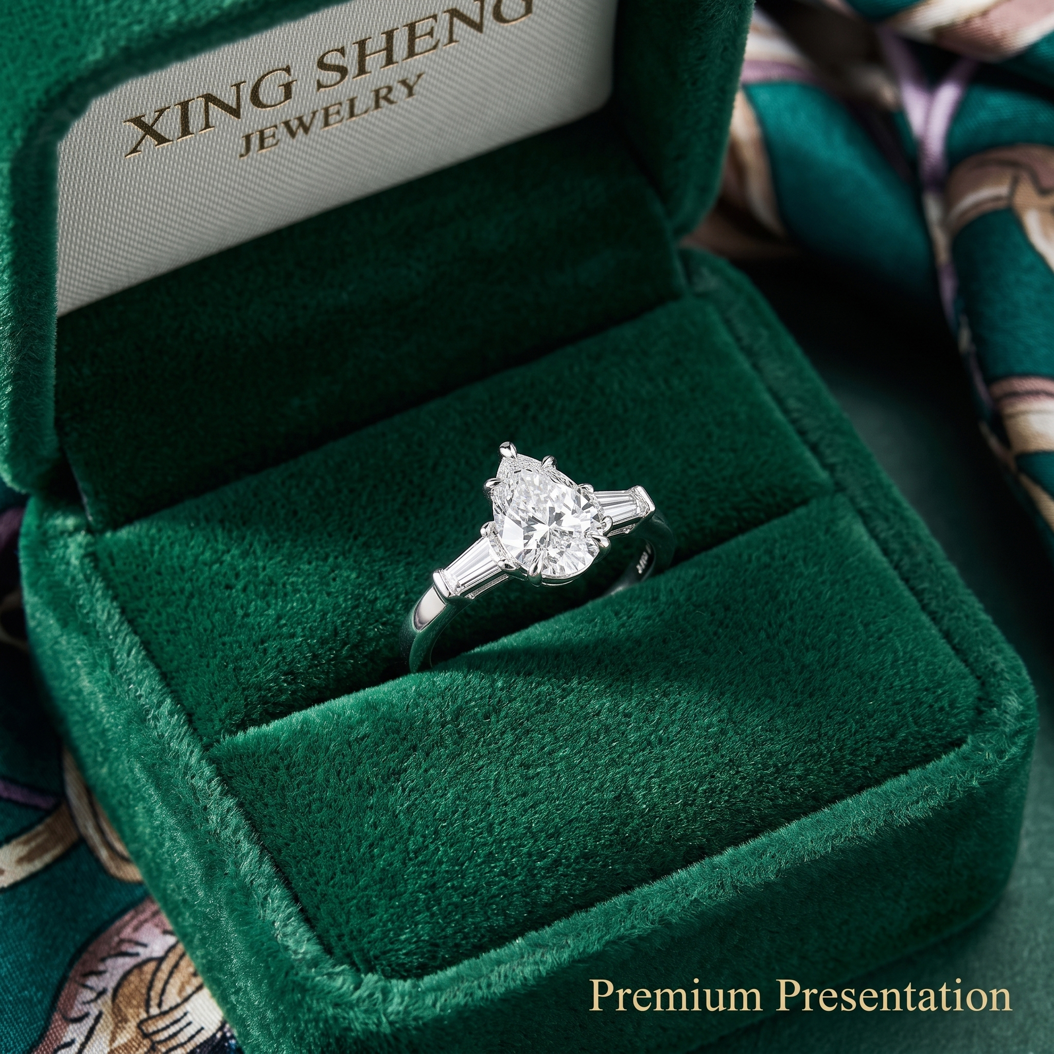 The premium green velvet presentation box from Xing Sheng Jewelry holding an exquisite lab-created pear diamond engagement ring.