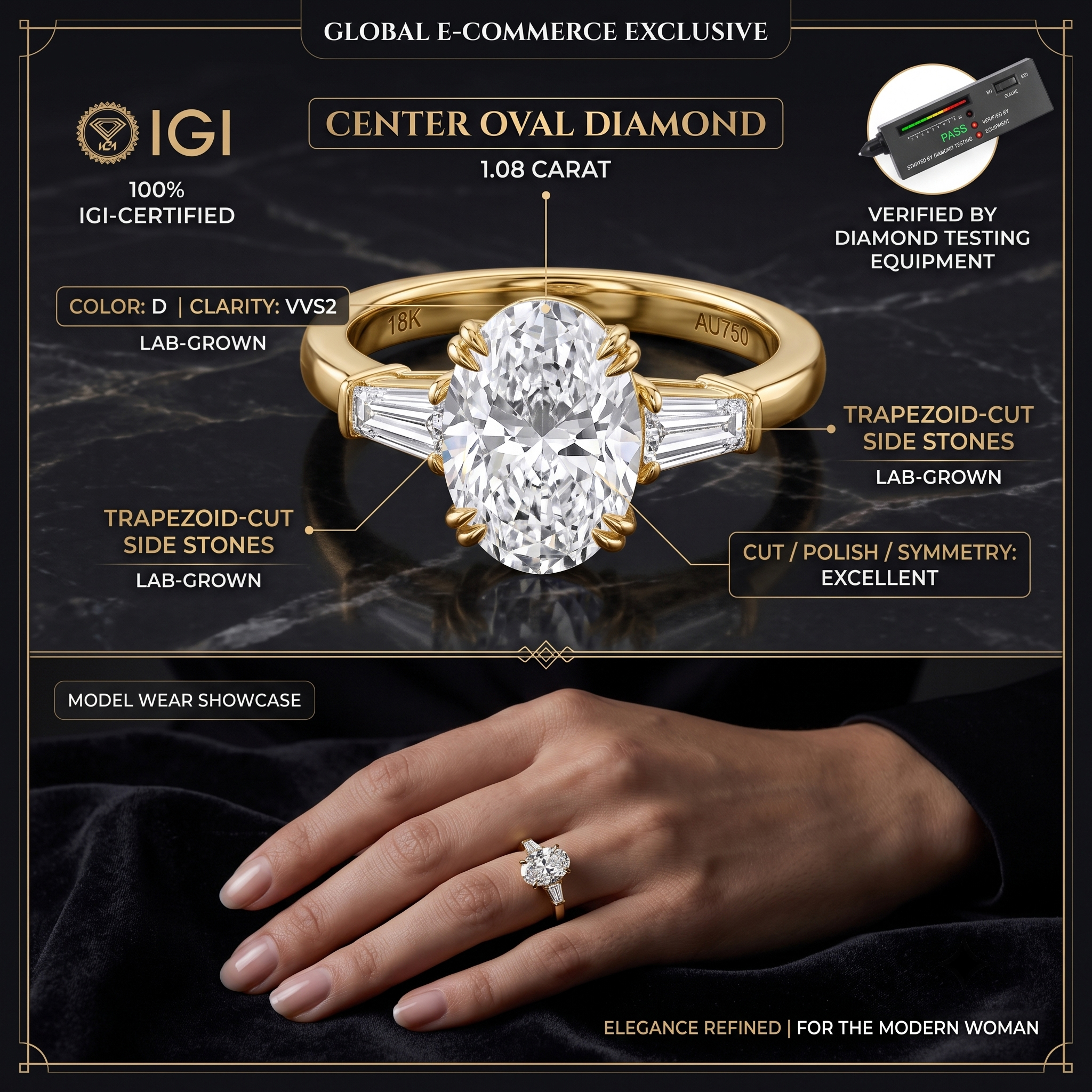 Close-up anatomy of a 1.08 carat oval lab-grown diamond ring with trapezoid side stones, noting IGI certification and positive diamond tester verification.
