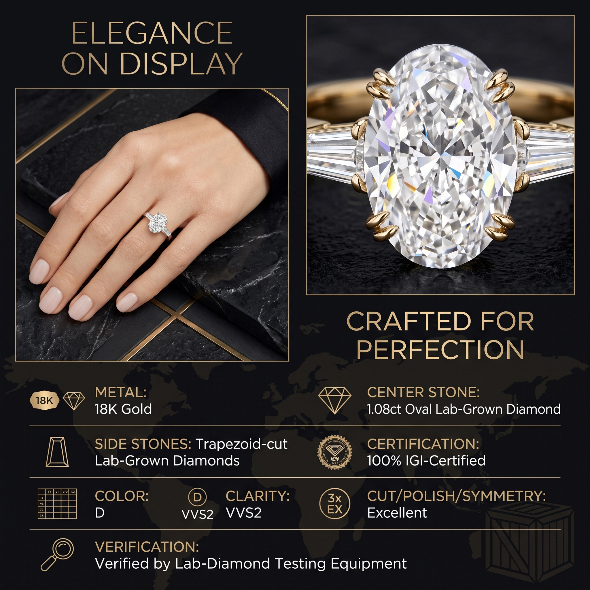 Top-down view of an 18K gold oval lab-grown diamond ring demonstrating excellent cut and meticulous symmetry in the center and side stones.