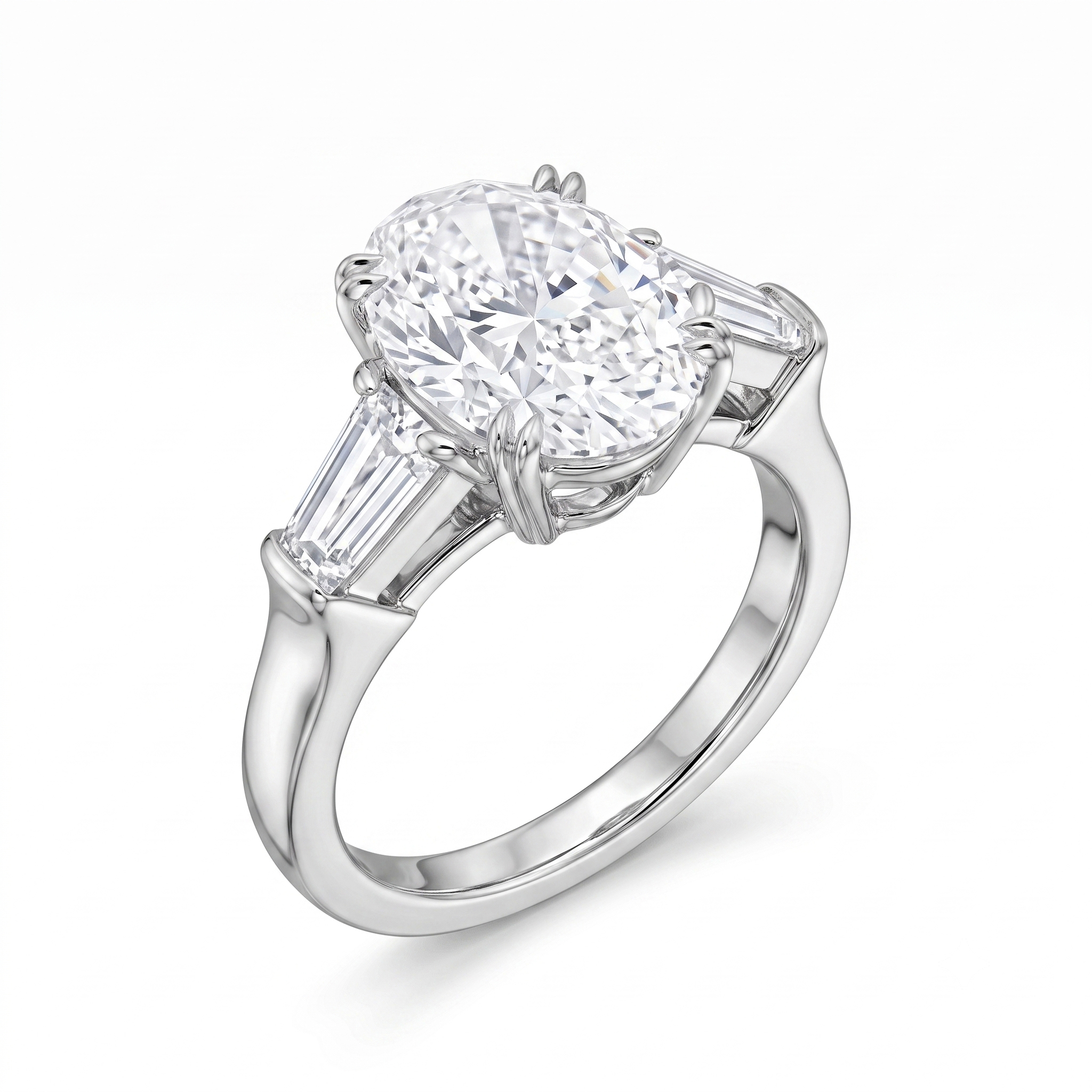 Angled view of an 18K white gold three-stone engagement ring featuring a 1.08 carat oval lab-grown diamond and trapezoid side stones.