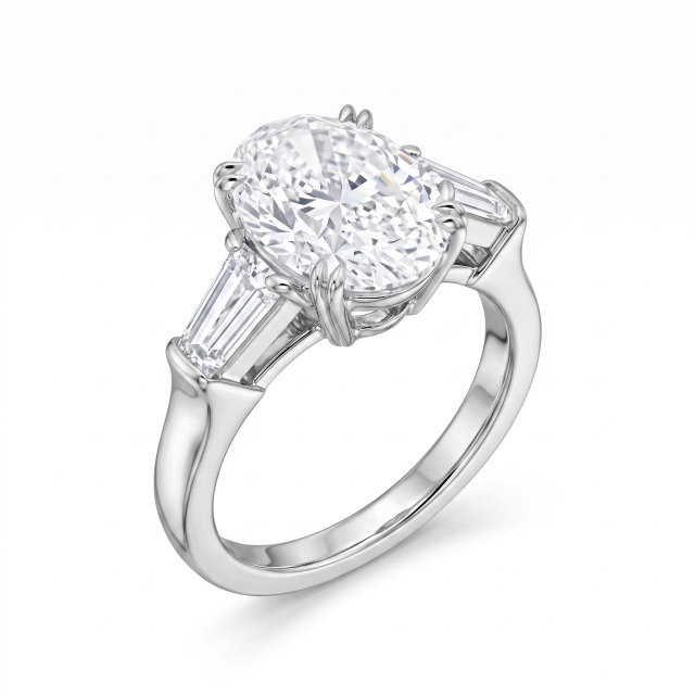 Angled view of an 18K white gold three-stone engagement ring featuring a 1.08 carat oval lab-grown diamond and trapezoid side stones.
