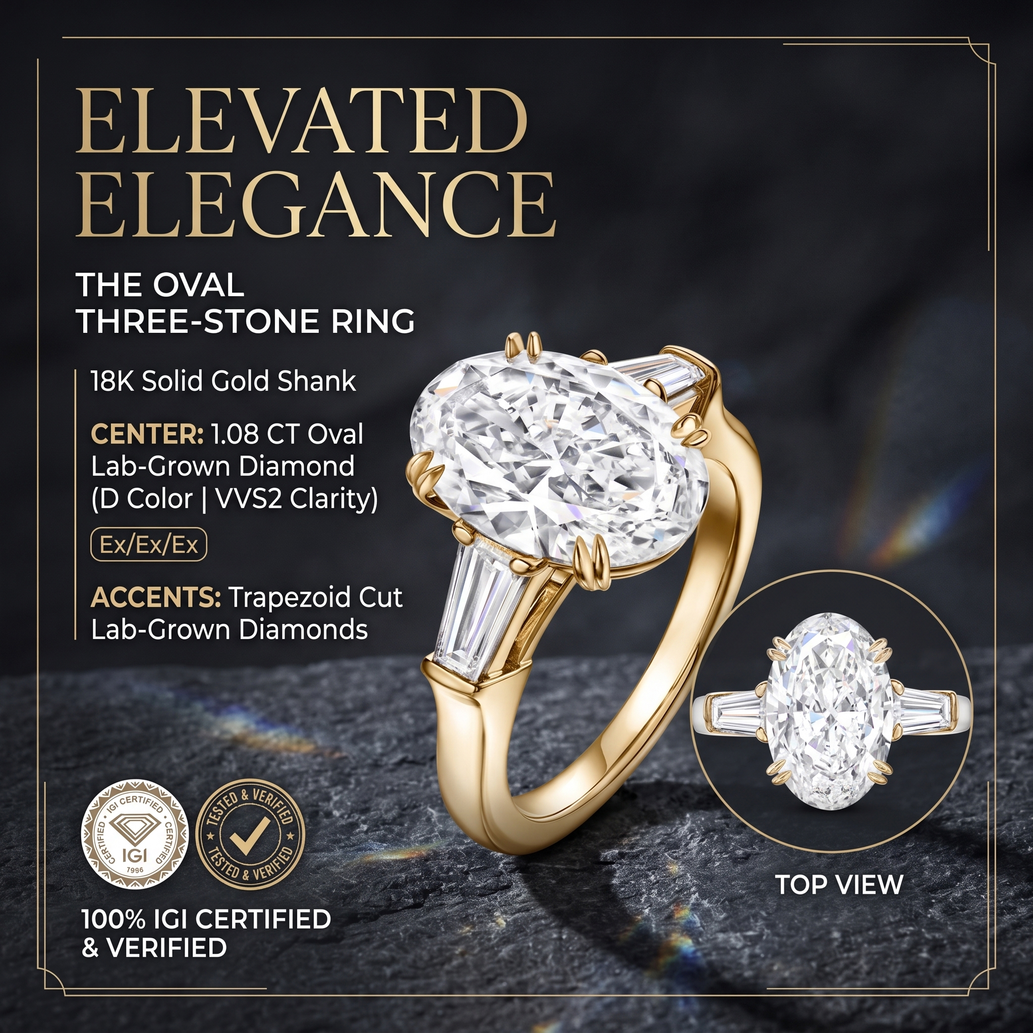 Elevated elegance display of an 18K yellow gold oval three-stone ring featuring a D color VVS2 clarity center lab-grown diamond on a textured surface.