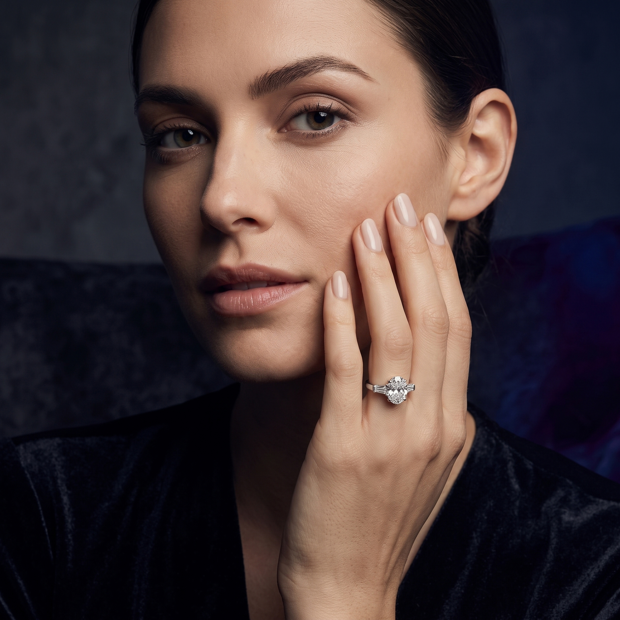 Portrait of a woman wearing an 18K white gold three-stone engagement ring, showcasing a 1.08-carat IGI-certified oval lab-grown diamond with trapezoid side stones.