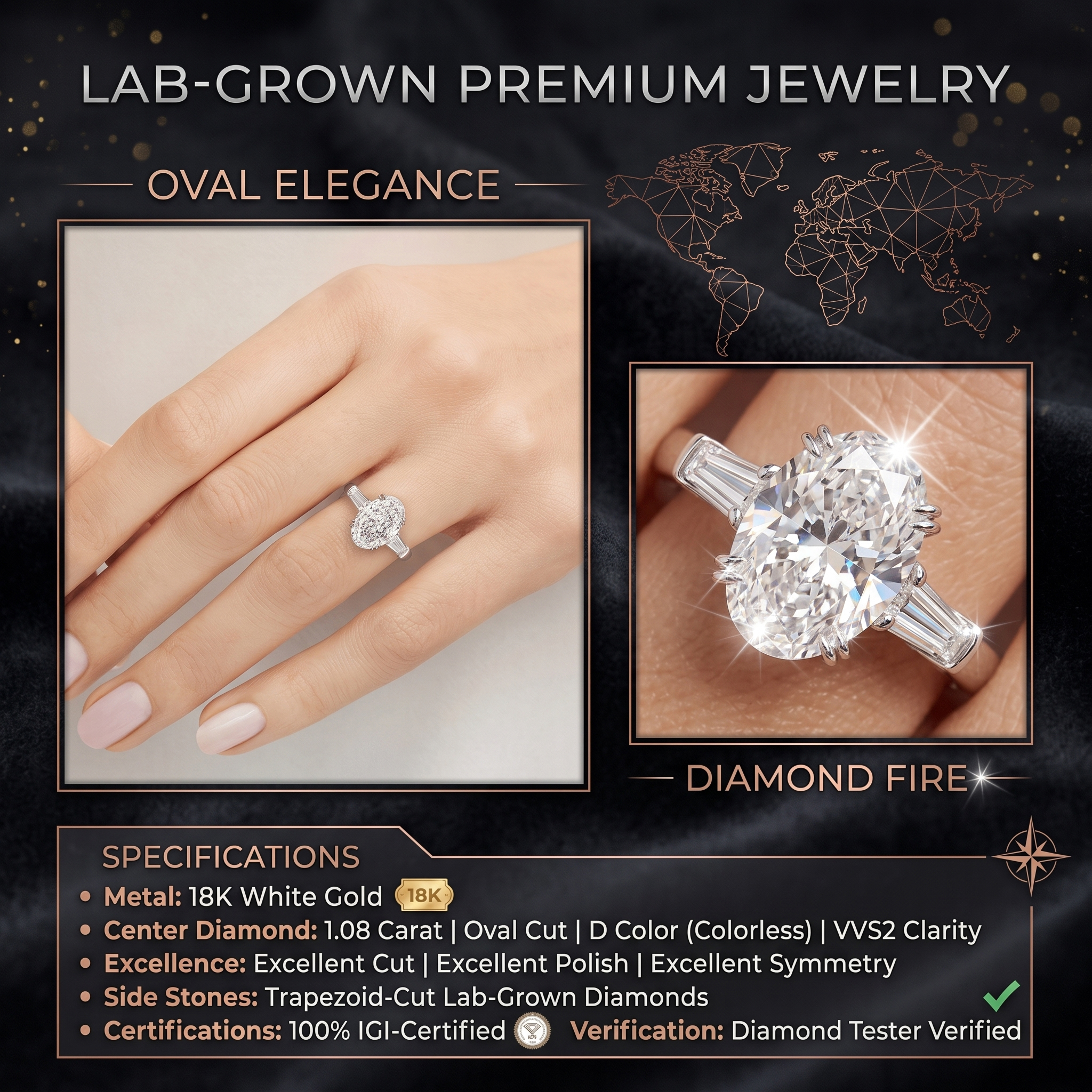 Model's hand wearing an 18K white gold oval lab-grown diamond ring, showcasing brilliant diamond fire and exceptional light return.