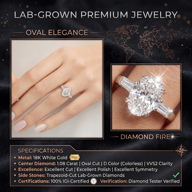 Model's hand wearing an 18K white gold oval lab-grown diamond ring, showcasing brilliant diamond fire and exceptional light return.