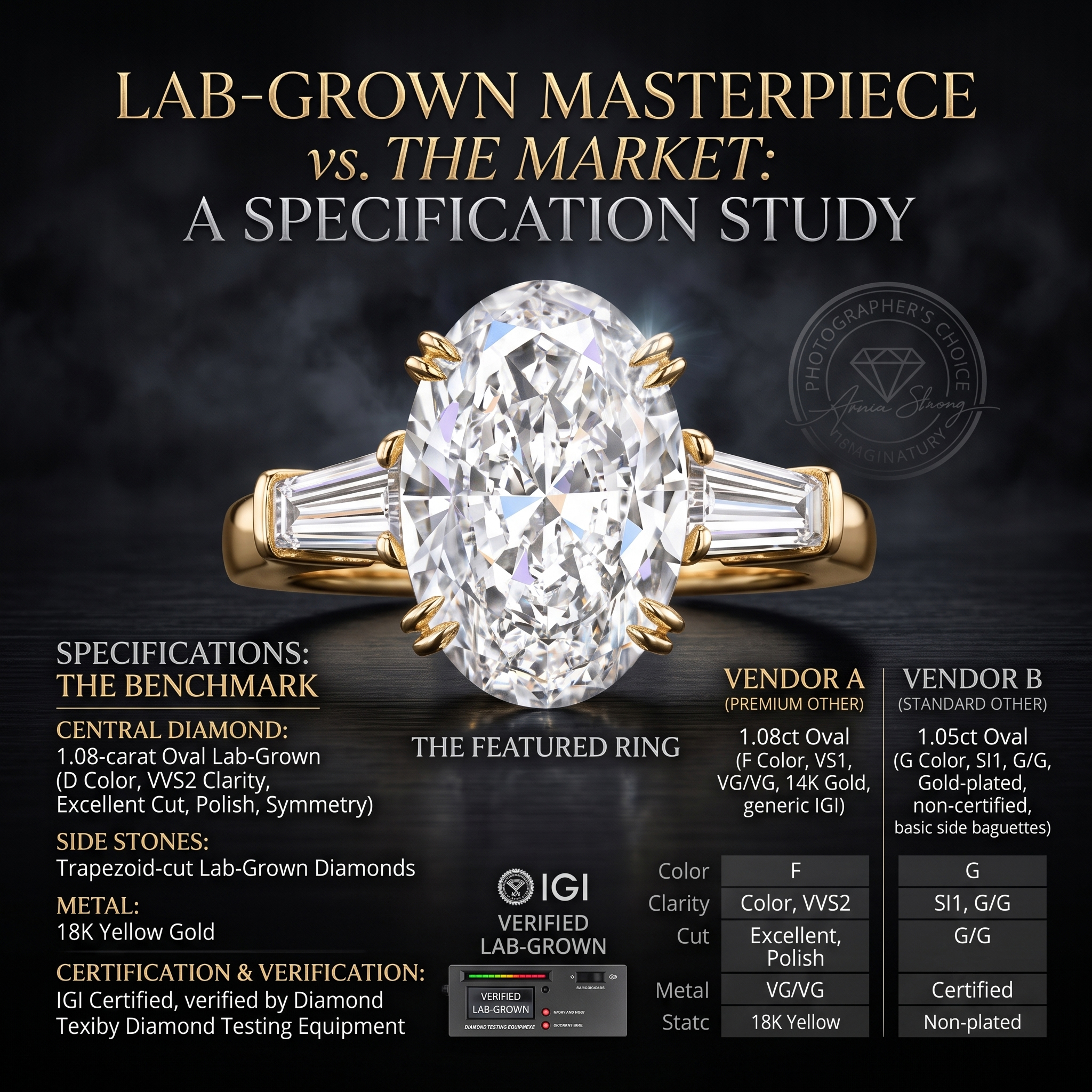 Specification chart comparing a 1.08ct D color VVS2 clarity oval lab-grown diamond in 18K yellow gold against standard market alternatives.