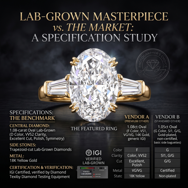 Specification chart comparing a 1.08ct D color VVS2 clarity oval lab-grown diamond in 18K yellow gold against standard market alternatives.